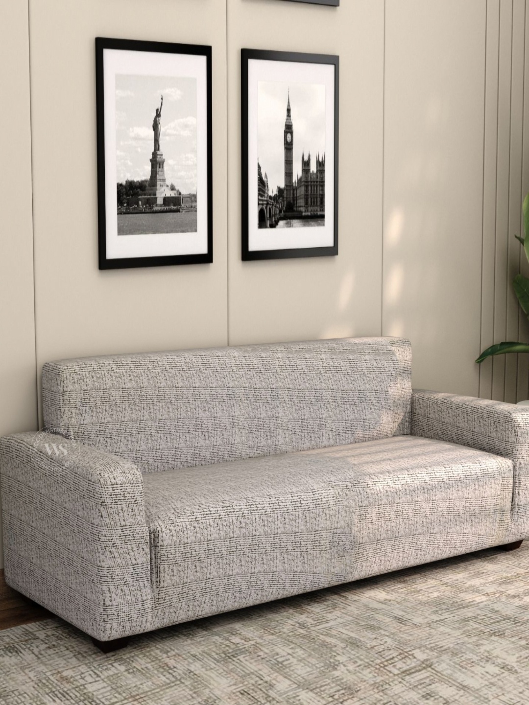 

WOODEN STREET Hester Grey & Cream Colored Printed 3 Seater Sofa Cover