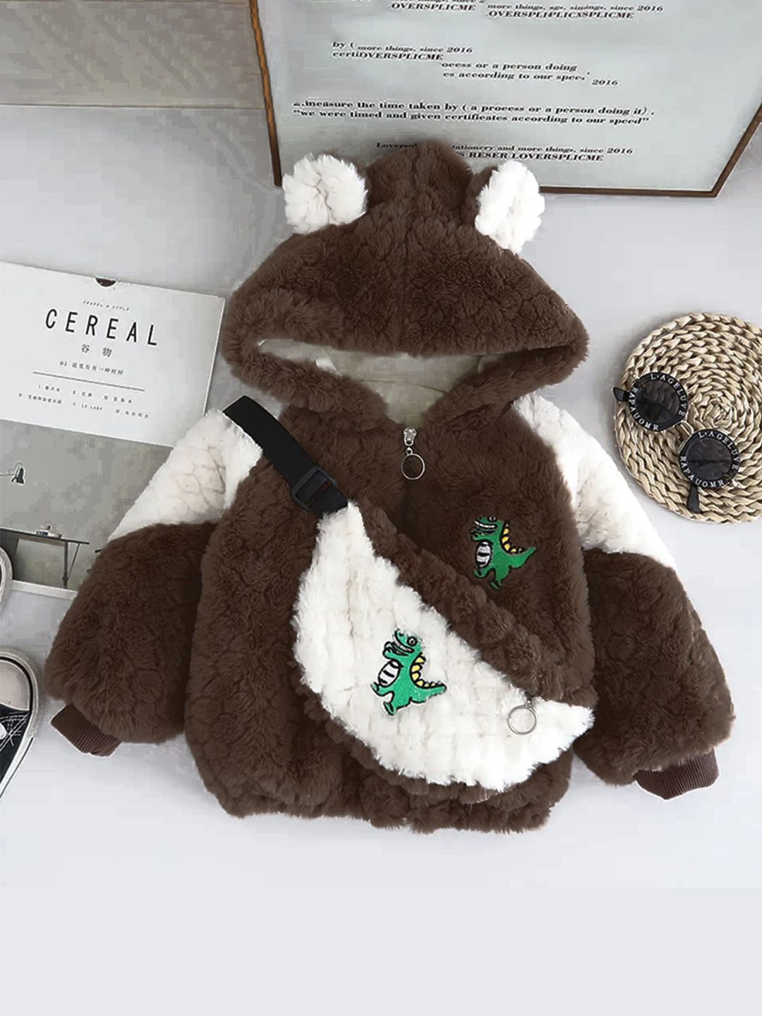 

Bold N Elegant Kids Hooded Colourblocked Faux Fur Casual Bomber Jacket, Coffee brown