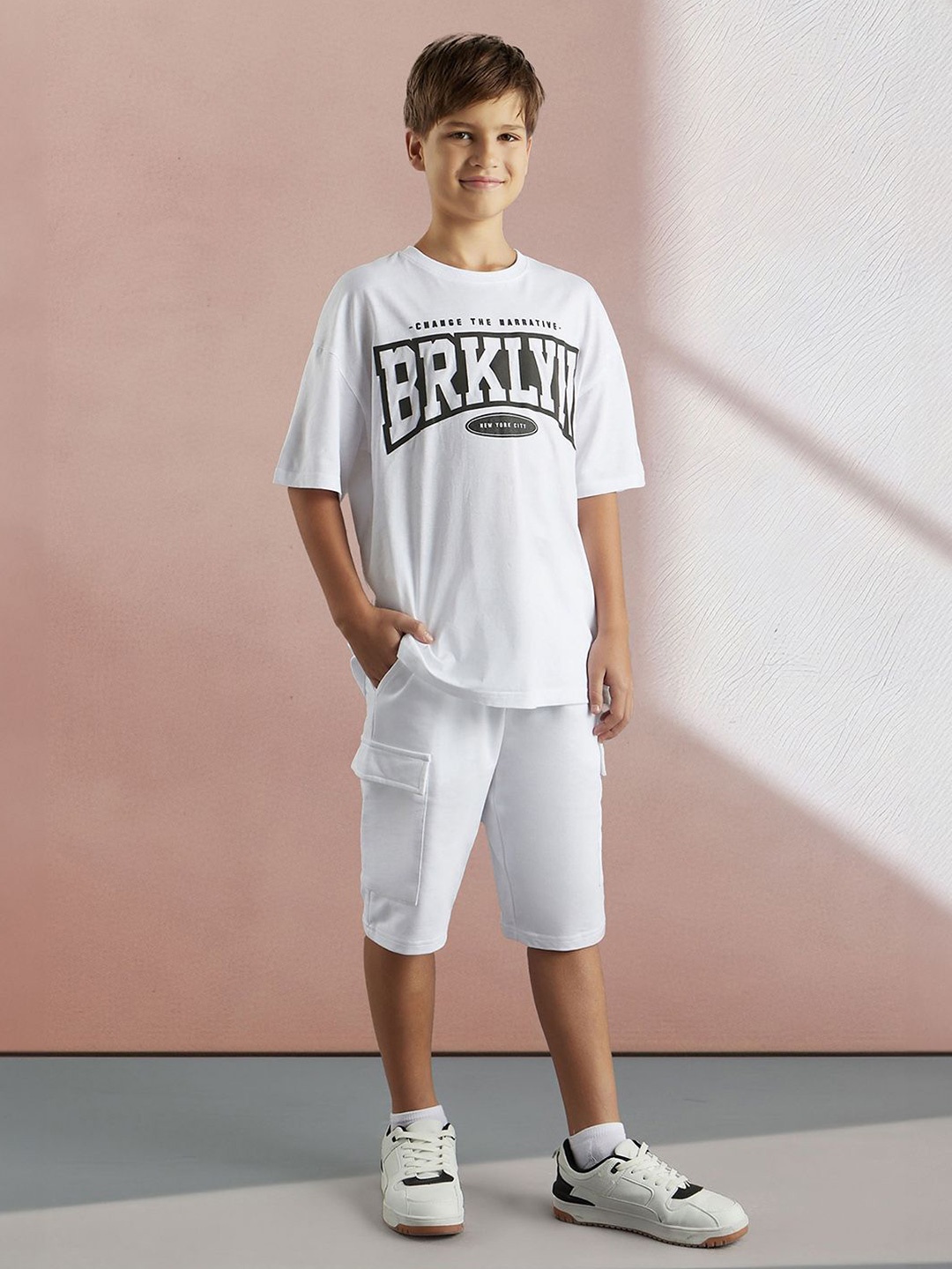 

max Boys Typographic Printed Round Neck Pure Cotton T-Shirt With Shorts, White
