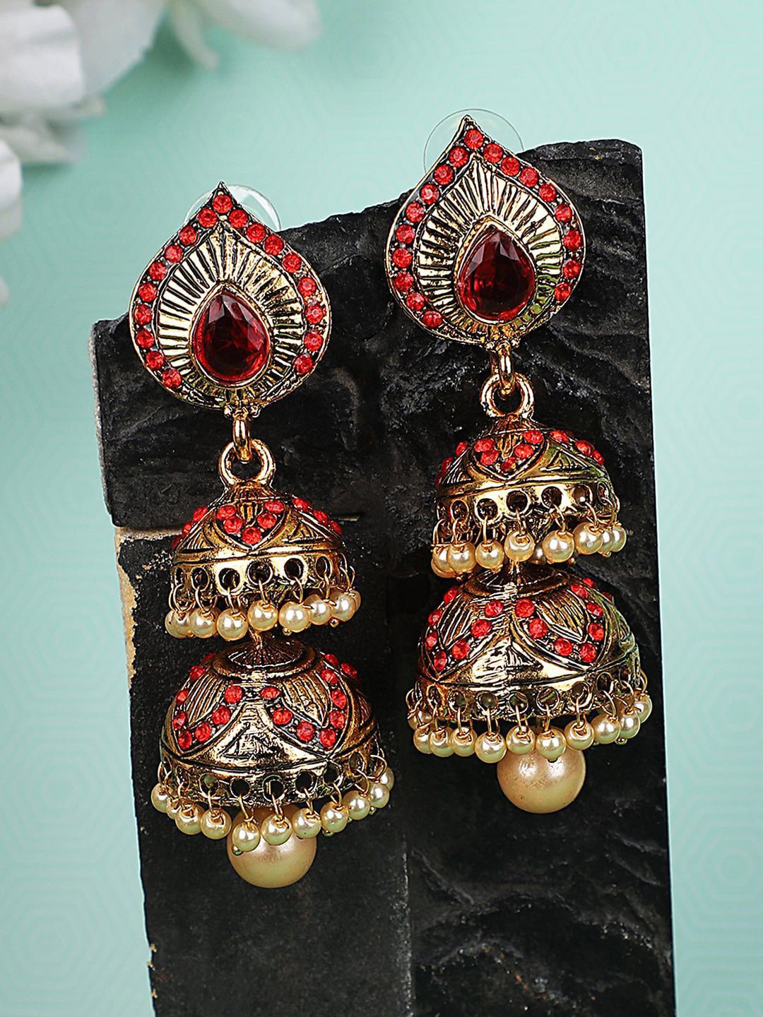 

Anouk Gold Plated Dome Shaped Stone Studded & Beaded Jhumkas Earrings, Red