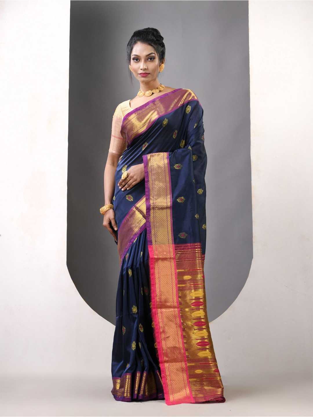 

Charukriti Women Ethnic Motifs Zari Paithani Saree, Navy blue