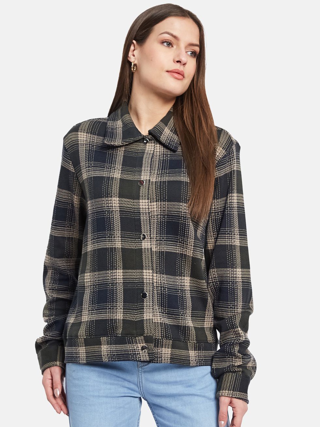 

METTLE Women Spread Collar Checked Shacket, Black