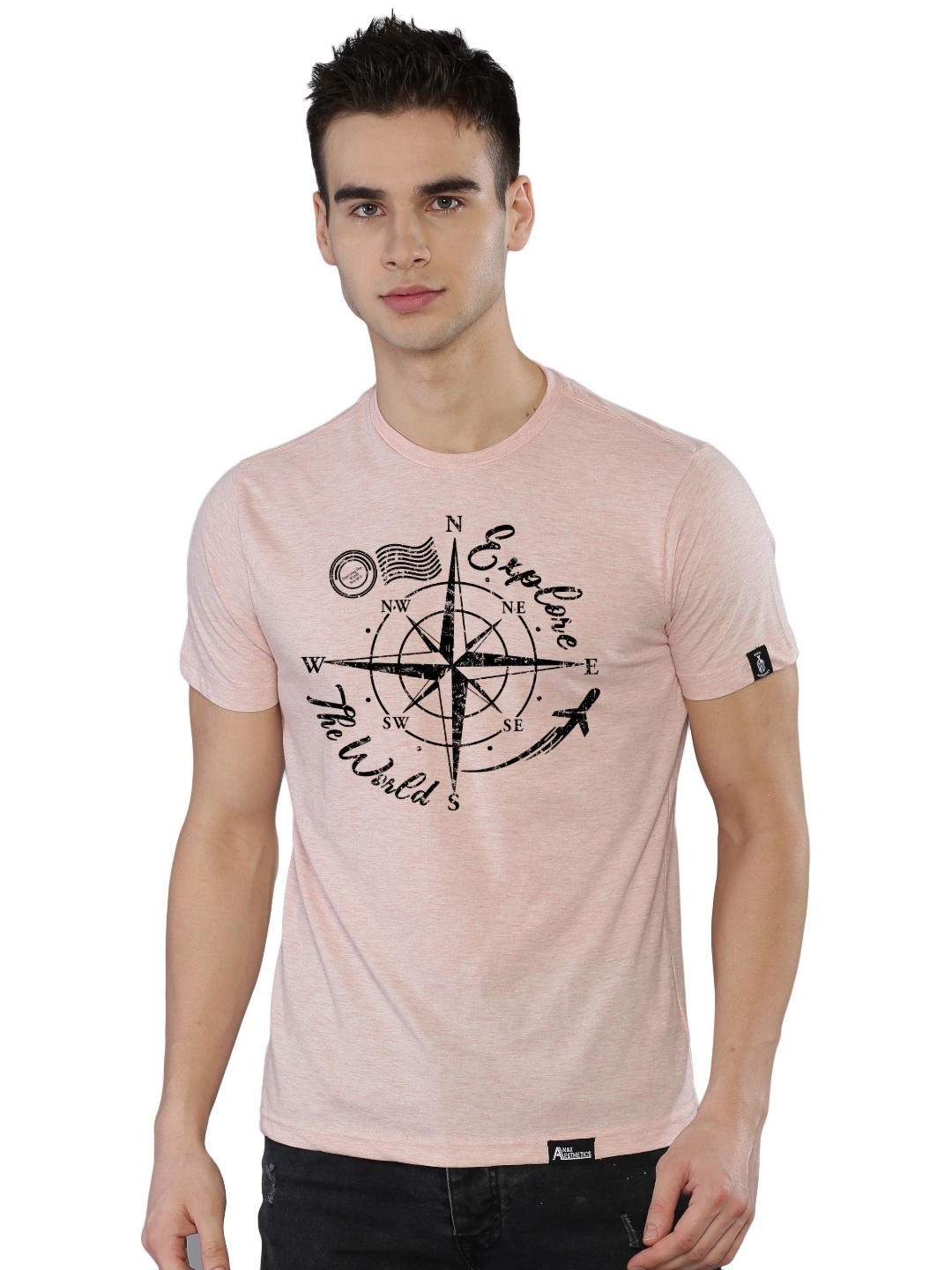 

Anax Aesthetics Men Graphic Printed Round Neck Cotton T-shirt, Peach