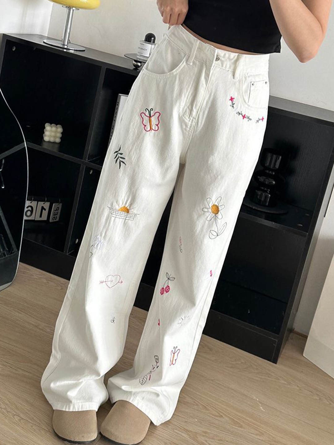 

DressBerry Women Wide Leg High-Rise Cotton Jeans, White