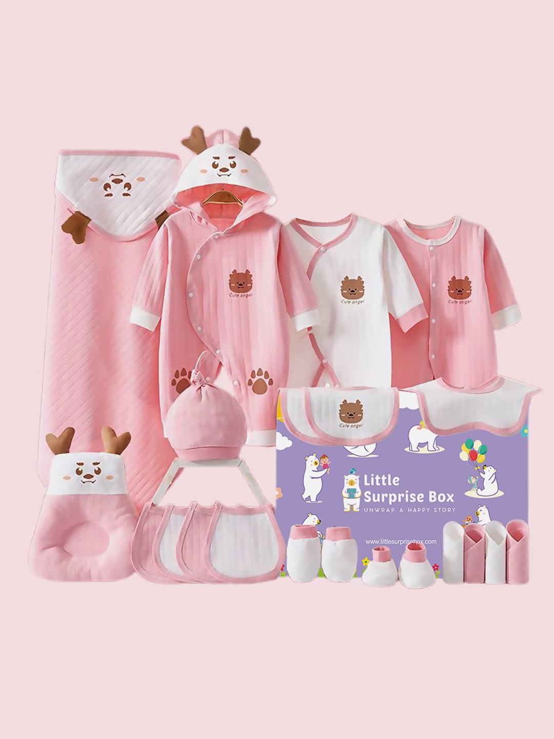 

Little Surprise Box LLP Infants 22pcs Reindeer Newborn Baby Girl/Baby Boy Gift Hamper Set, Pink