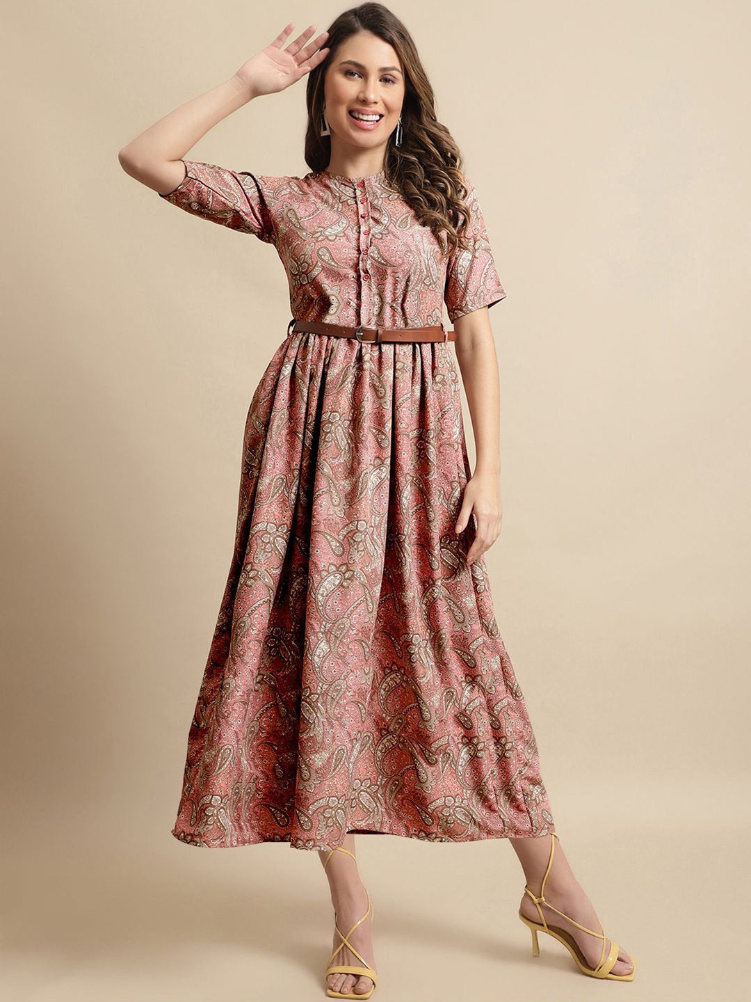 

Metronaut Women Paisley Print Round Neck Short Sleeves Fit & Flare Midi Dress With Belt, Peach