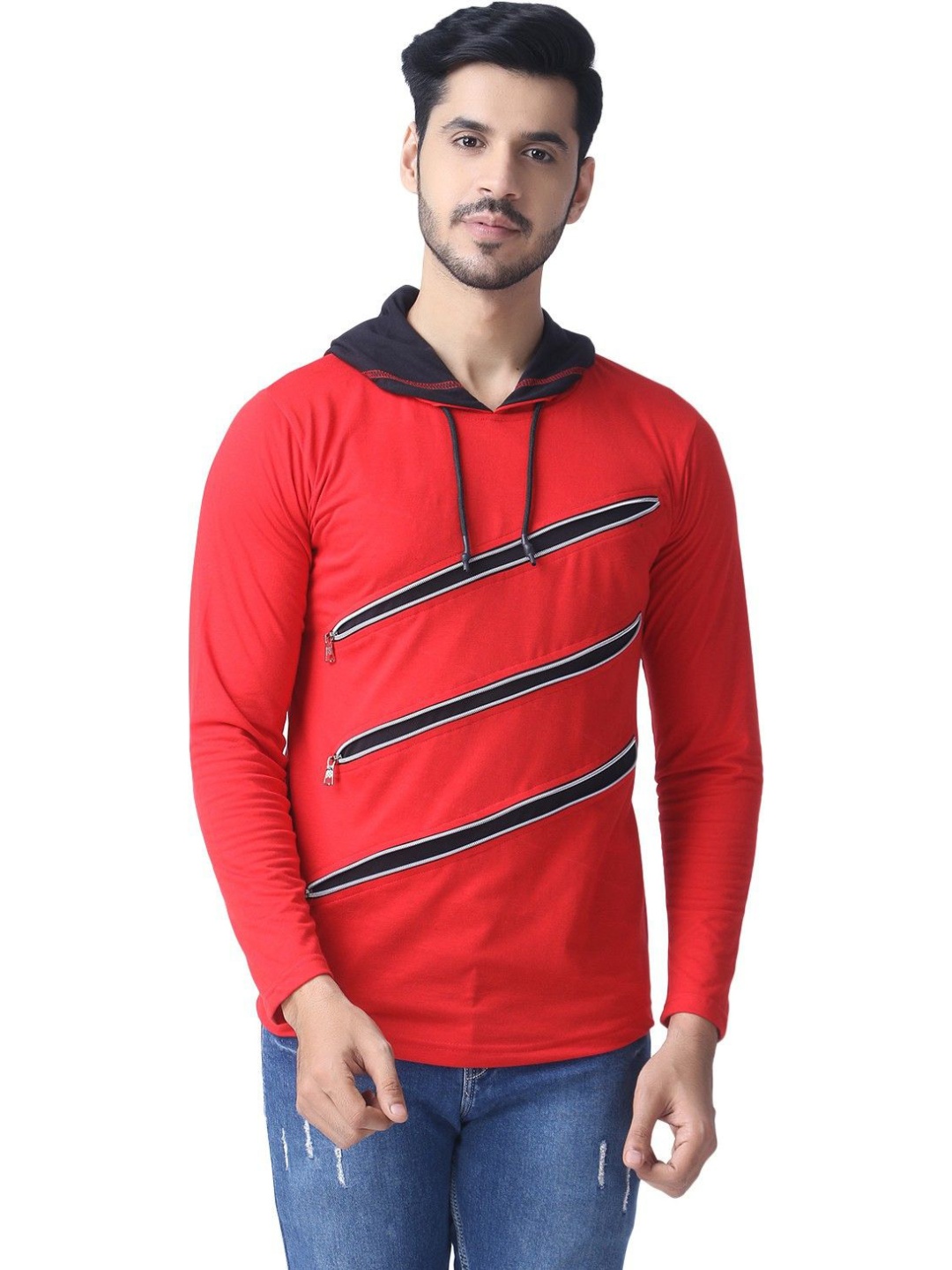 

Black Collection Men Self Design Hood Cotton Slim Fit T-shirt, Red