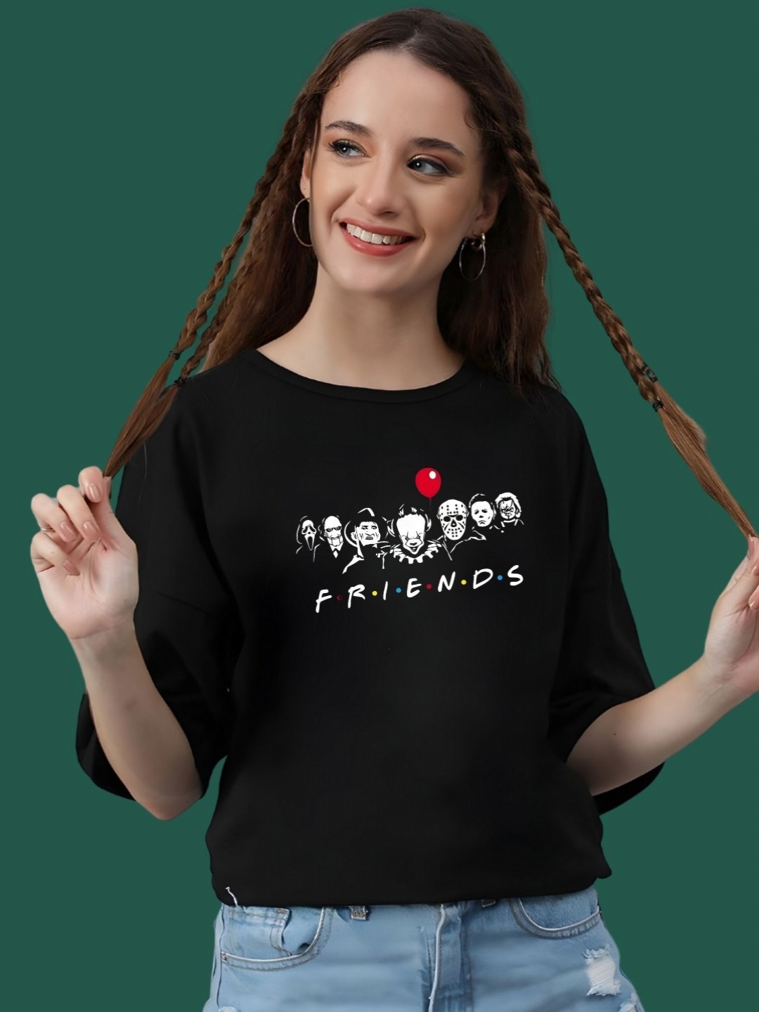 

DressBerry Women Friends Graphic Printed Round Neck Cotton Oversized T-shirt, Black