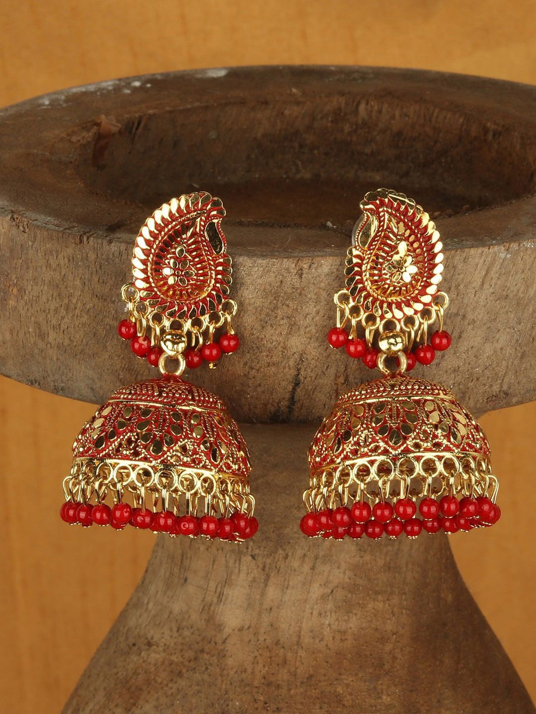 

Anouk Gold Plated Stone Studded & Beaded Dome Shaped Jhumkas, Red