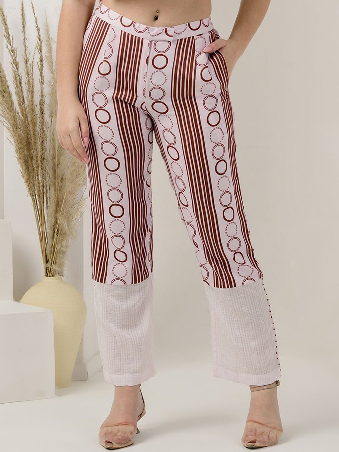 

First Resort by Ramola Bachchan Women Striped Smart Straight Fit Trousers, White