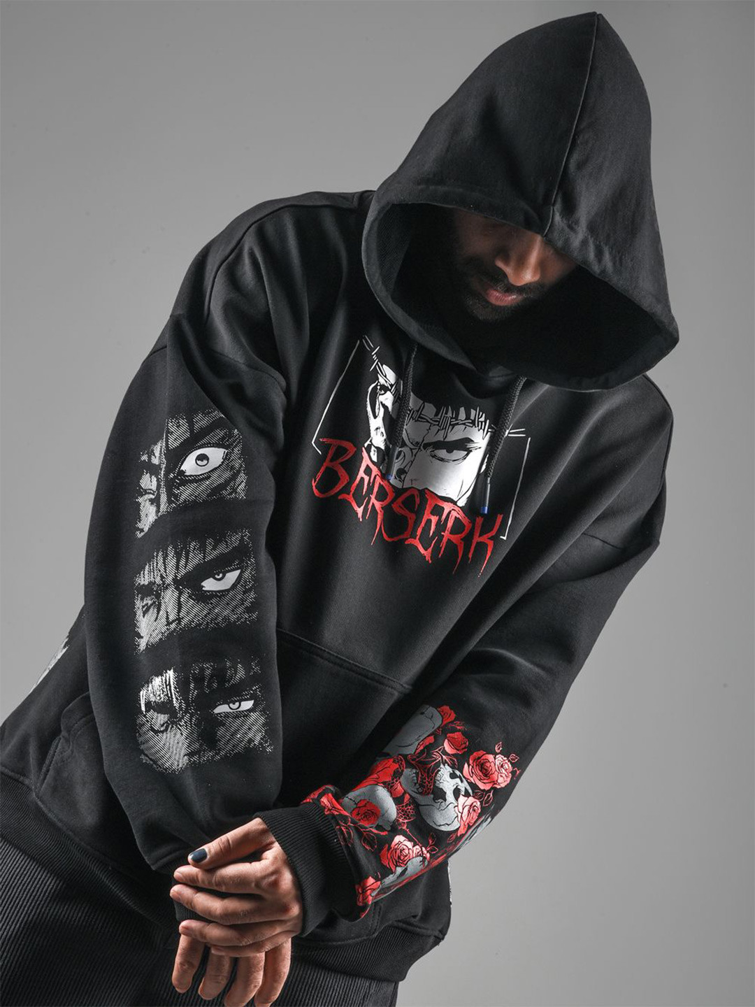 

Xenpachi Men Berserk Anime Printed Curse Oversize Drop Shoulder Hoodie, Black