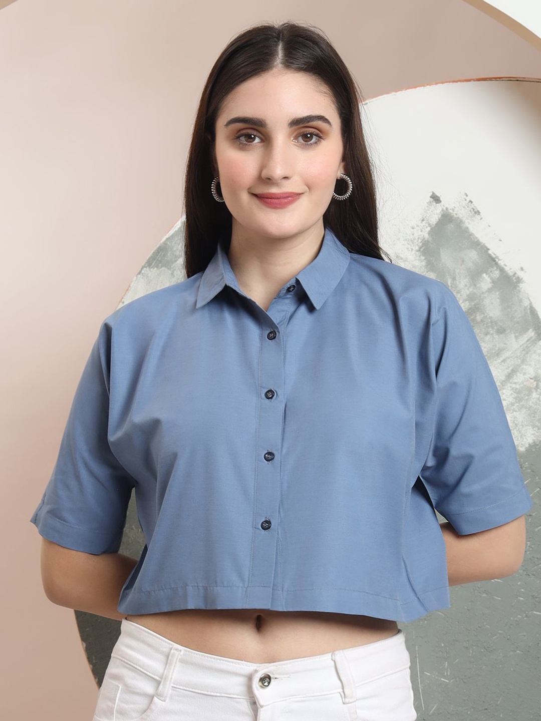 

FITHUB Women Boxy Fit Spread Collar Solid Cotton Casual Shirt, Grey melange