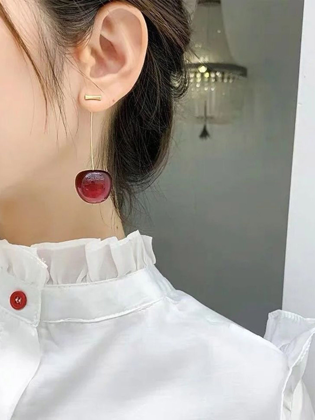 

Celestique Korean Bts Collections Contemporary Shaped Cherry Drop Earrings, Red