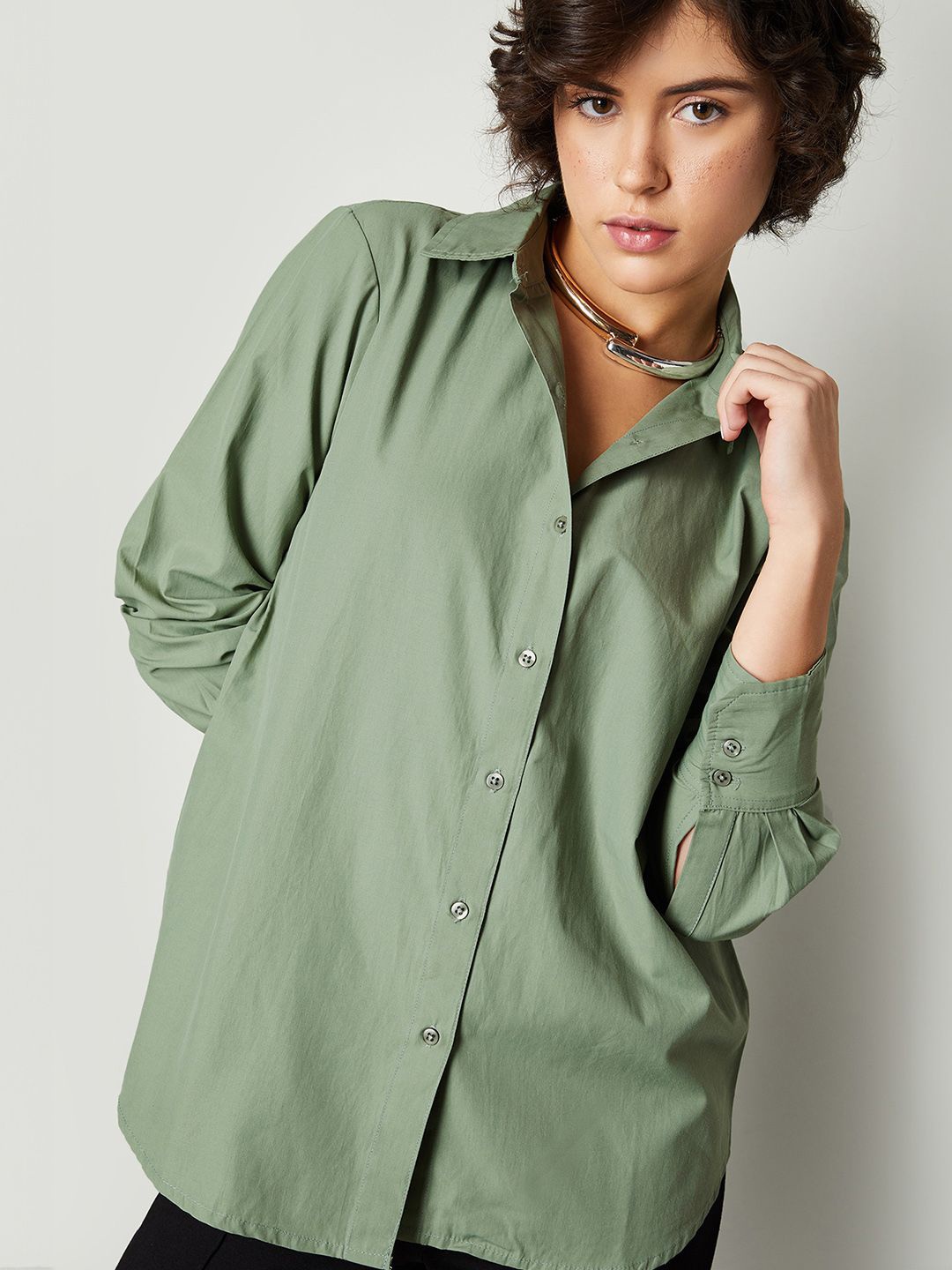 

max Women Relaxed Fit Spread Collar Solid Cotton Casual Shirt, Green