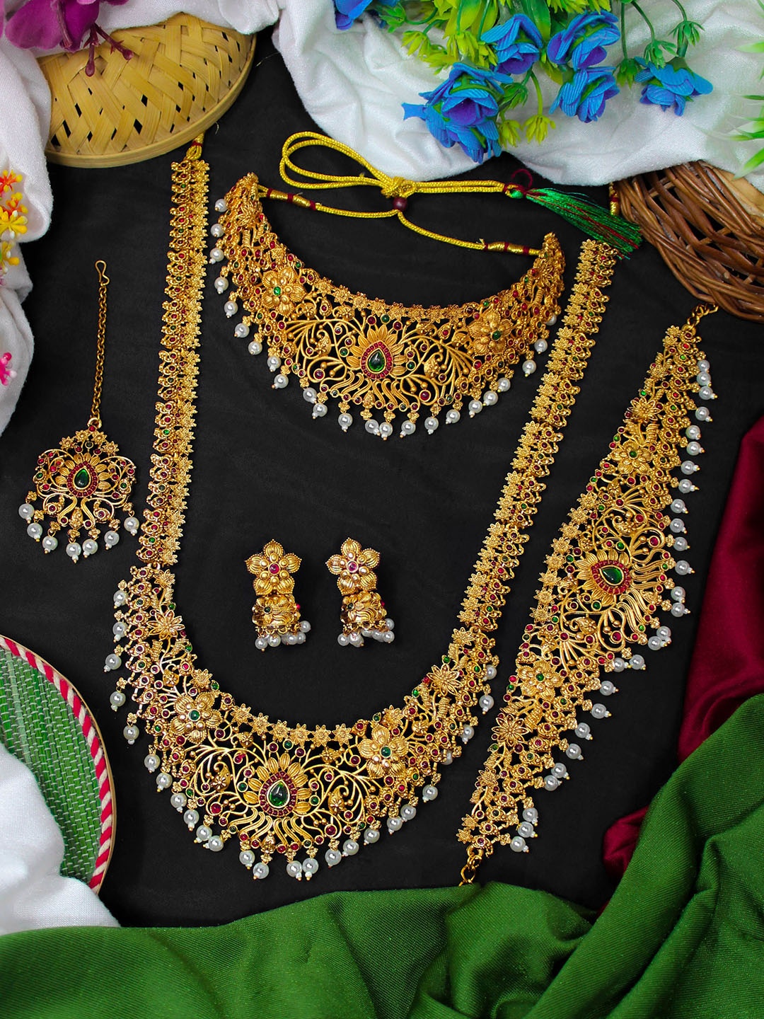 

NAGNESHI ART Gold-Plated Artificial Stone-Studded & Beaded Temple Jewellery Set