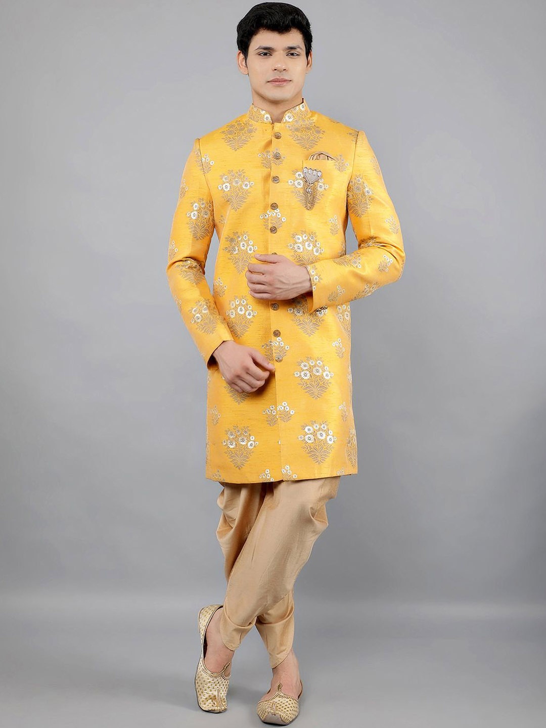 

Manish Creations Mandarin Collar Knee Length Sherwani Set, Mustard