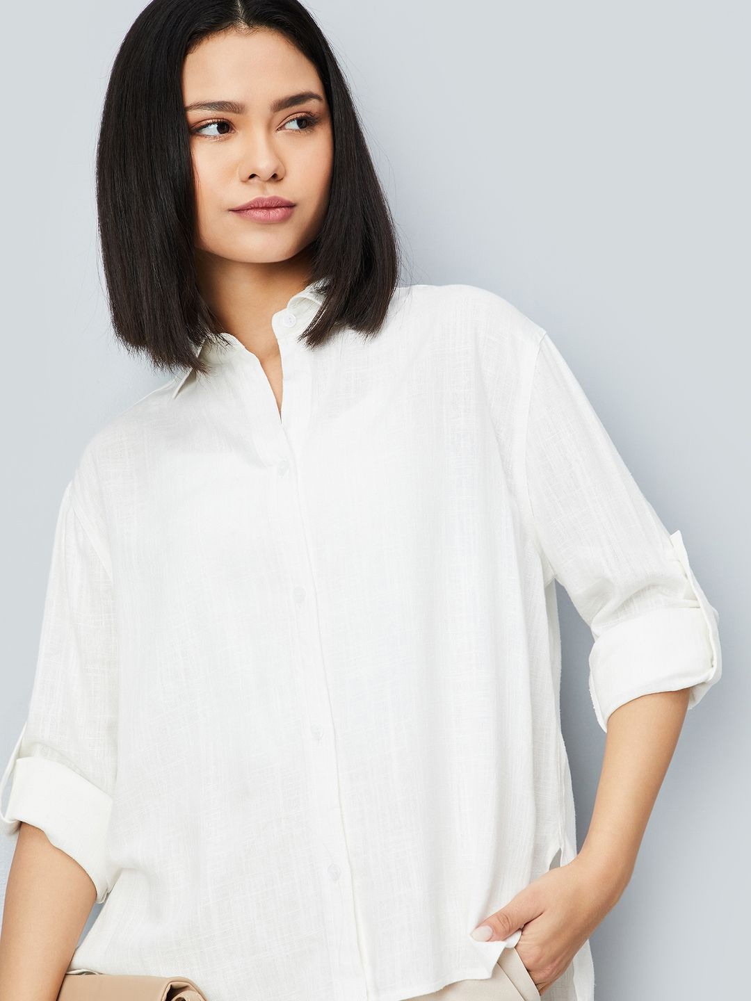

max Women Relaxed Fit Spread Collar Solid Casual Shirt, White