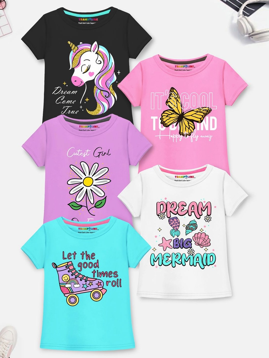

YK X Trampoline Girls Pack Of 5 Graphic Printed Round Neck Cotton T-shirts, White