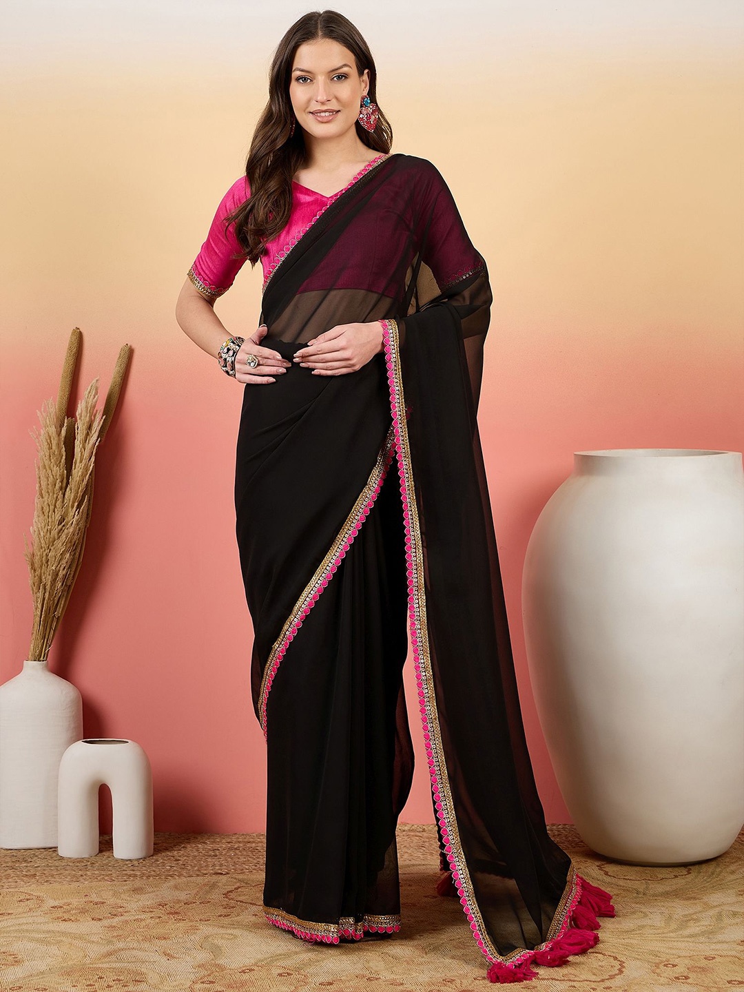 

Sangria Embroidered Saree With Blouse, Black