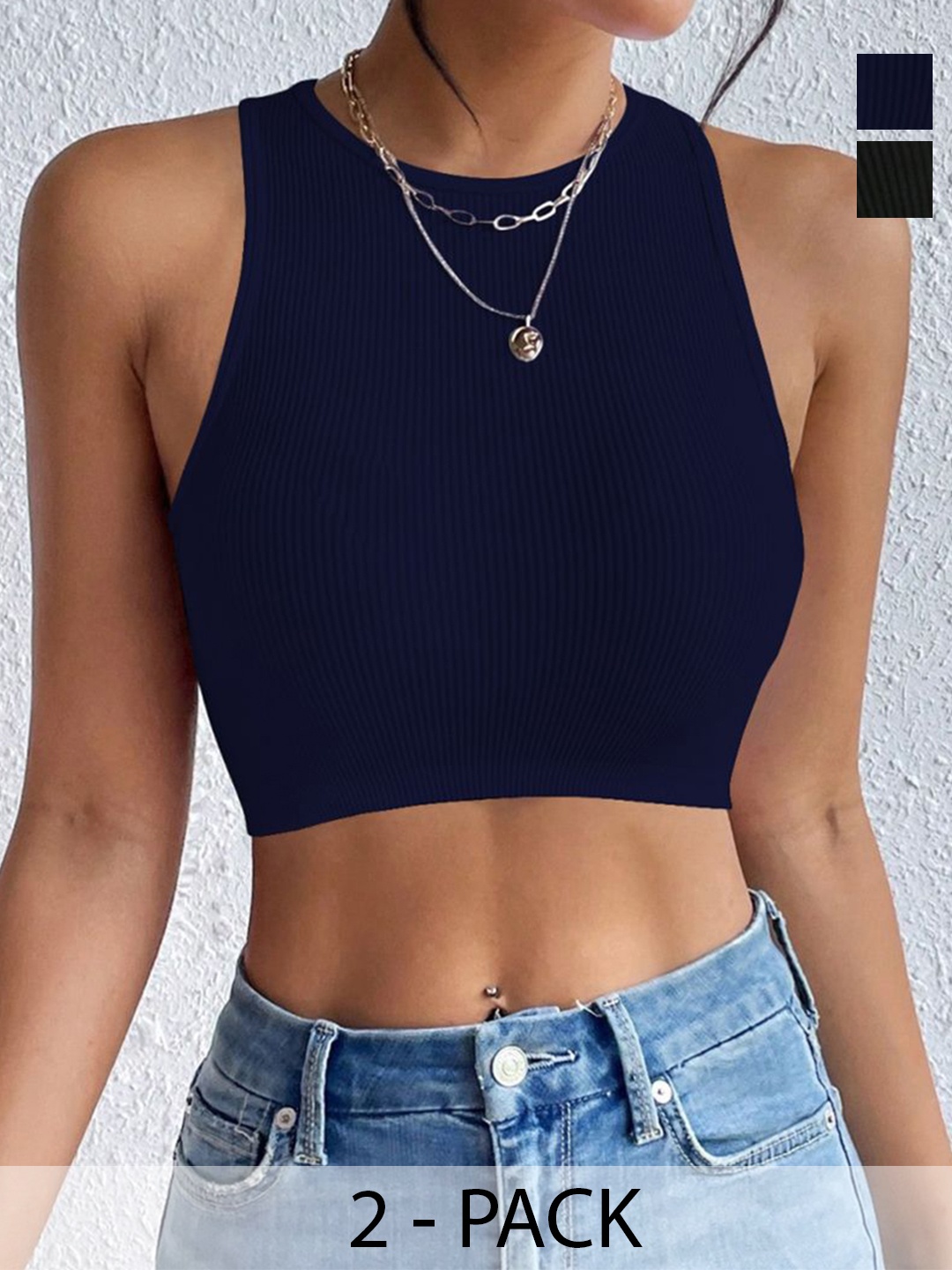 

BAESD Women Pack Of 2 Ribbed Ribbed Round Neck Tops, Navy blue