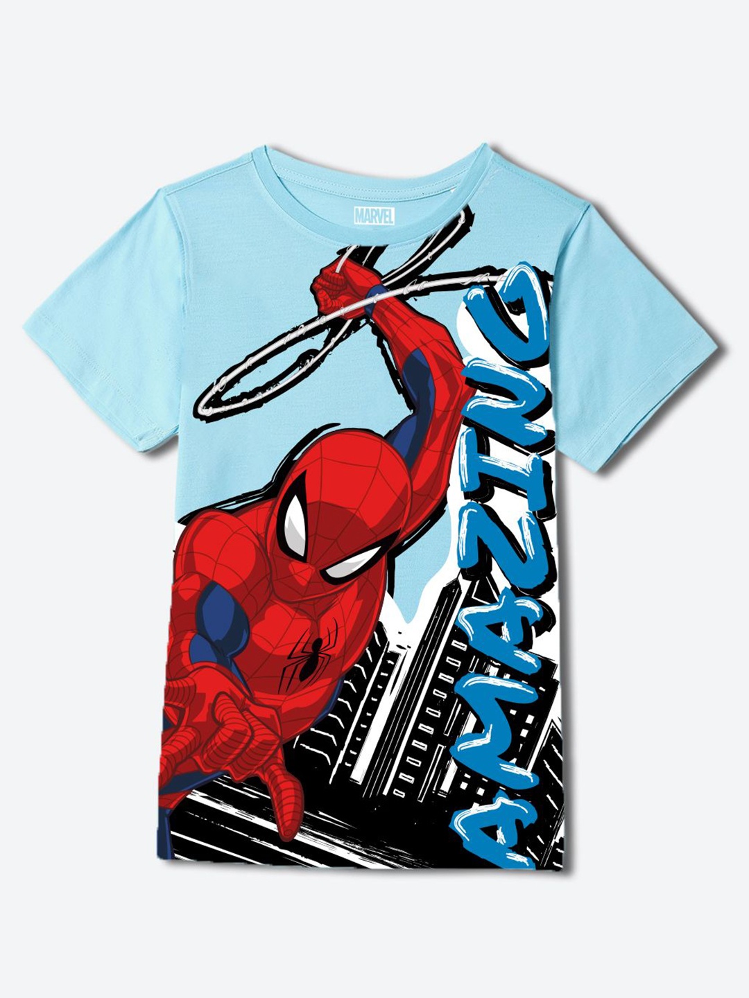 

Wear Your Mind Boys Spider-Man Graphic Printed Round Neck Regular Fit Cotton T-shirt, Navy blue