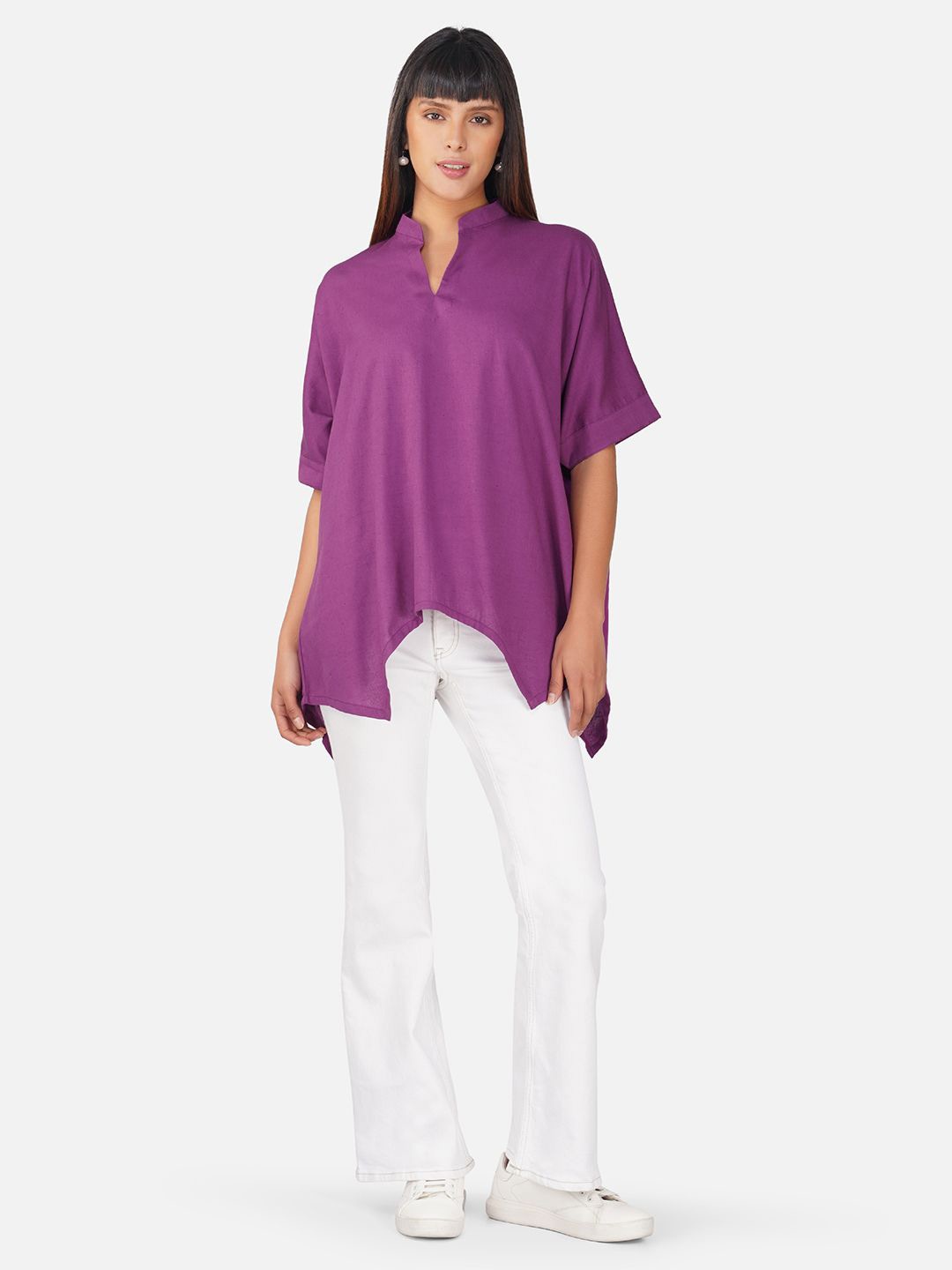 

EARTHY TWEENS Women Purple V-Neck Cotton Slub Kaftan Top