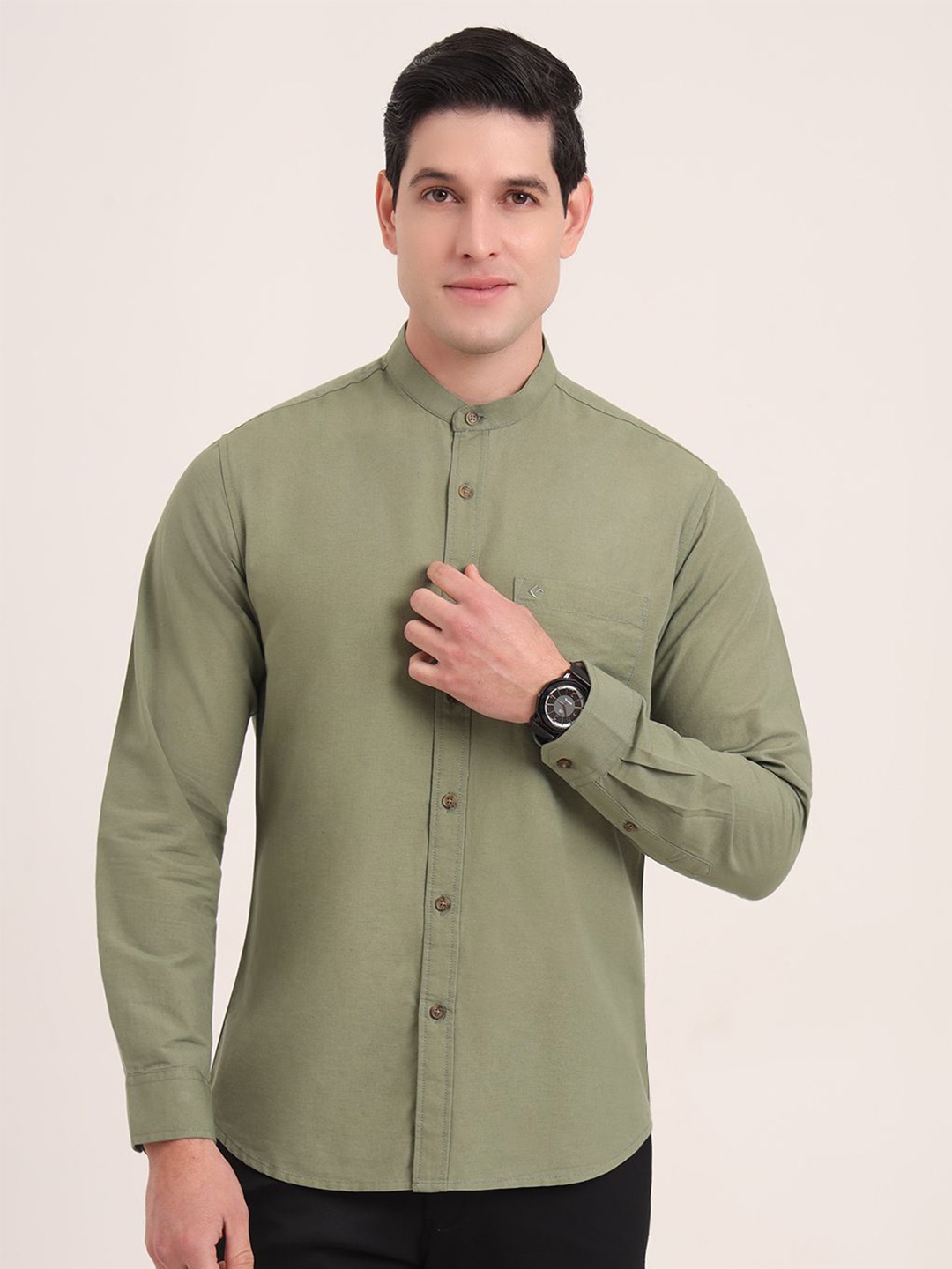 

Greenfibre Men Regular Fit Band Collar Solid Cotton Casual Shirt, Green