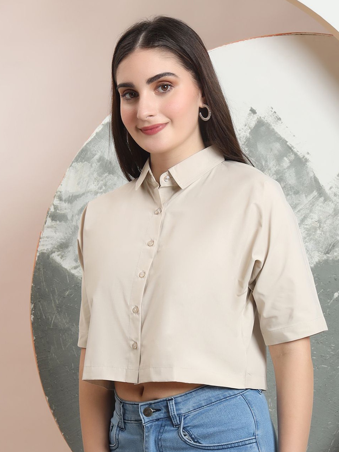 

FITHUB Women Boxy Fit Spread Collar Solid Cotton Casual Shirt, Beige