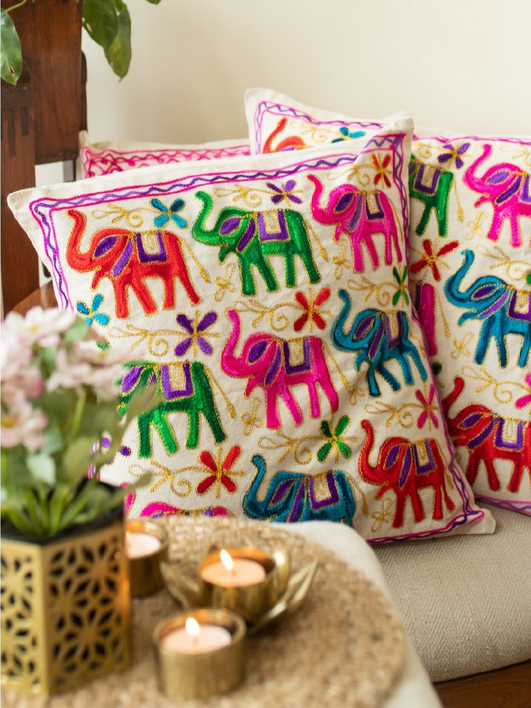 

Atrangi Studio 2 Pieces Ethnic Motifs Patchwork Square Cushion Covers, White