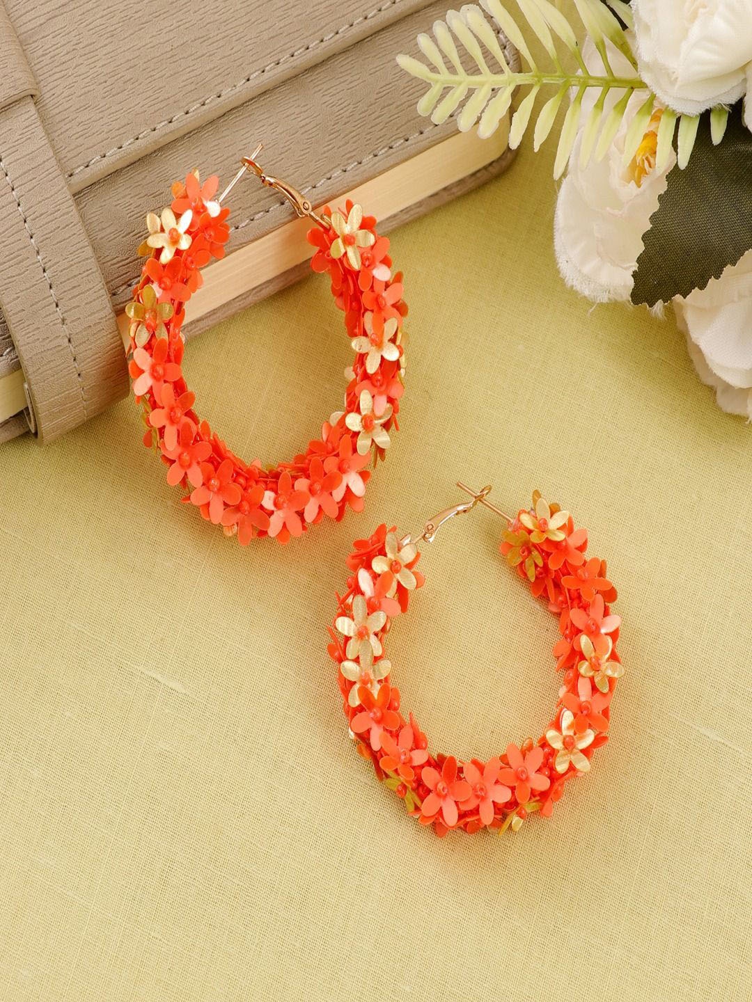 

DressBerry Gold-Plated Orange Artificial Beaded Floral Hoop Earrings