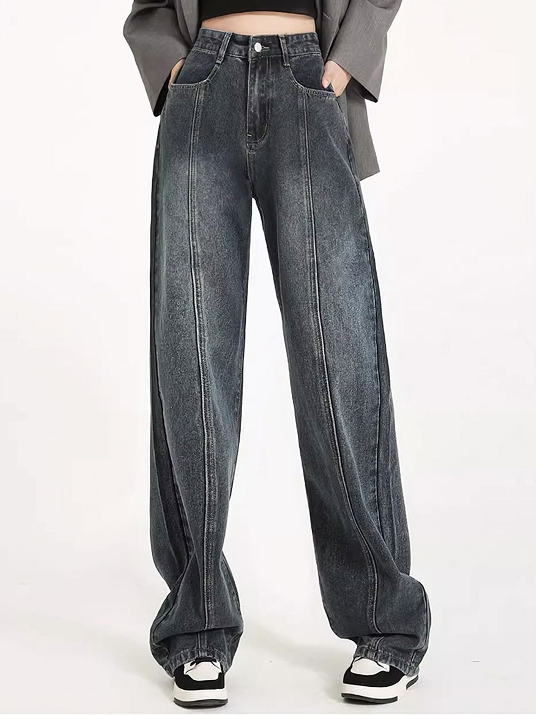 

DressBerry Women Wide Leg High-Rise Light Fade Jeans, Black