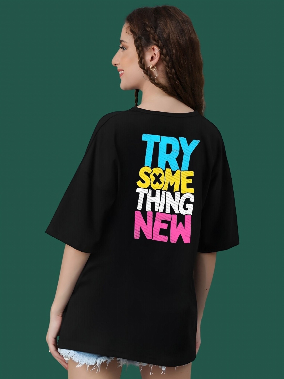 

DressBerry Women Typography Printed Round Neck Cotton Oversized T-shirt, Black