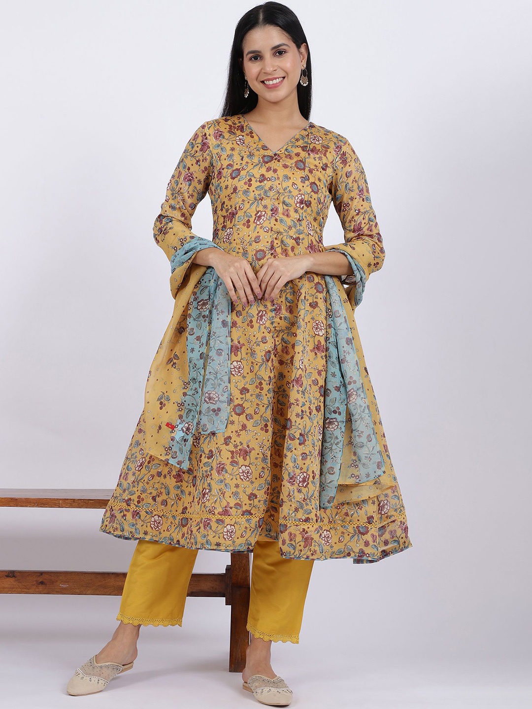 

W Yellow Floral Printed V-Neck A-Line Kurta With Trousers And Dupatta