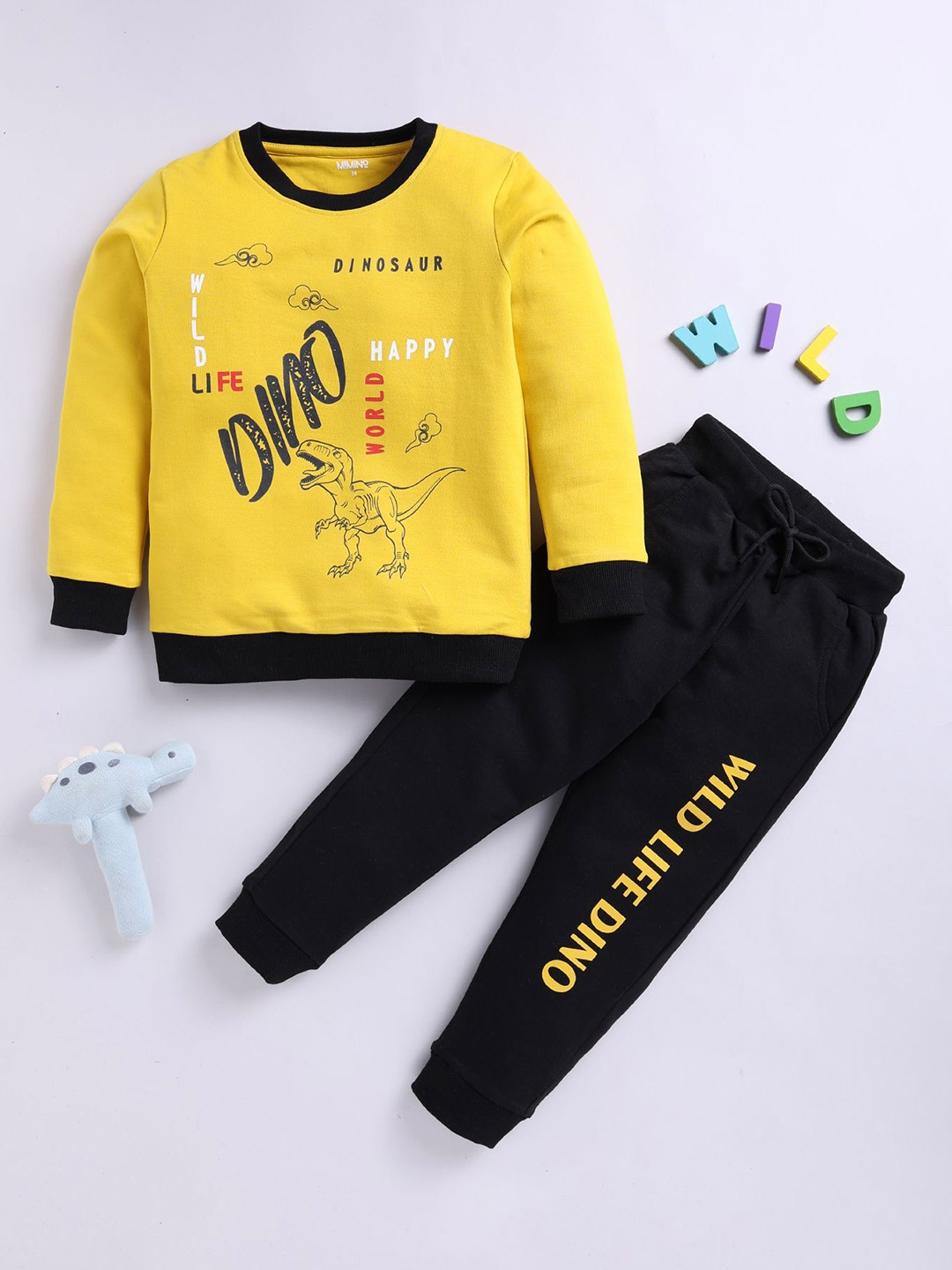 

MIMINO Boys Printed Round Neck Sweatshirt With Joggers, Yellow