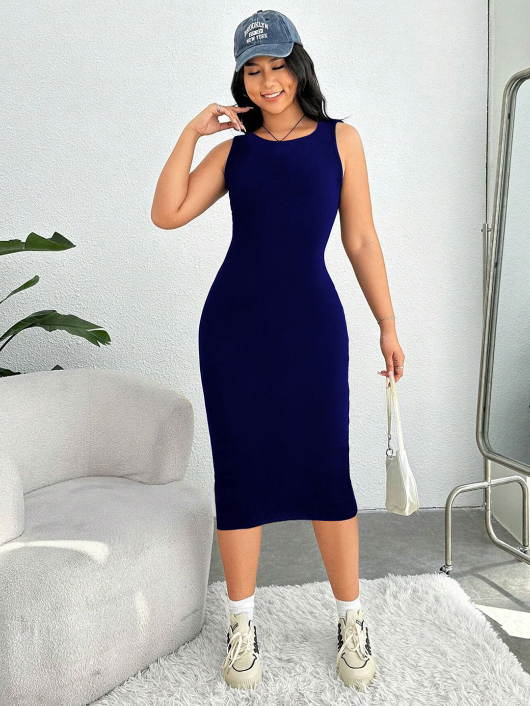 

BAESD Round Neck Bodycon Midi Dress, Navy blue