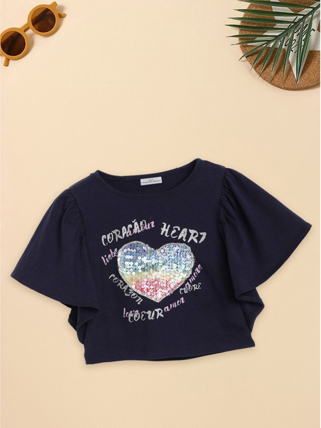 

FOREVER FRIDAY Girls Graphic Printed Cotton T-shirt, Navy blue