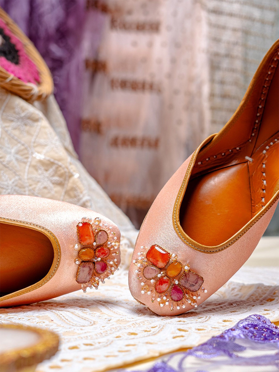 

NR By Nidhi Rathi Women Embellished Party Mojaris with Embroidered Flats, Pink