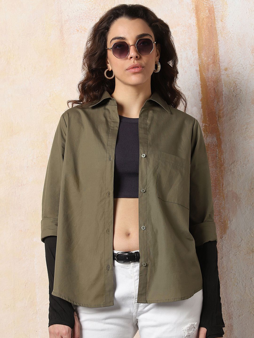 

High Star Women Comfort Fit Spread Collar Solid Cotton Casual Shirt, Olive