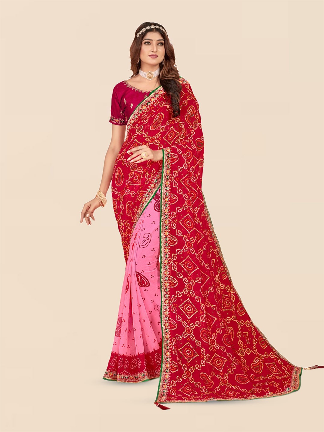 

DIVASTRI Bandhani Embroidered Poly Georgette Half and Half Bandhani Saree, Pink