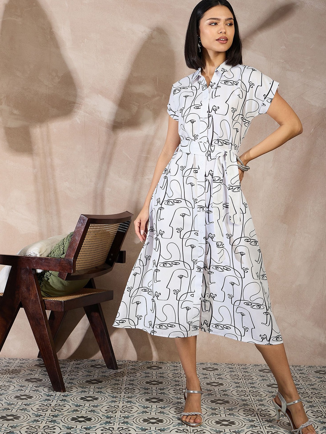 

all about you Women Printed Shirt Collar Shirt Midi Dress, White