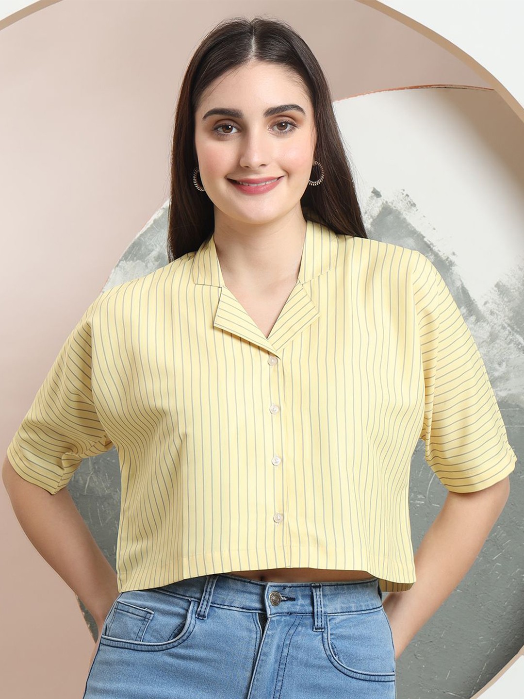 

FITHUB Women Boxy Fit Cuban Collar Vertical Striped Cotton Casual Shirt, Yellow