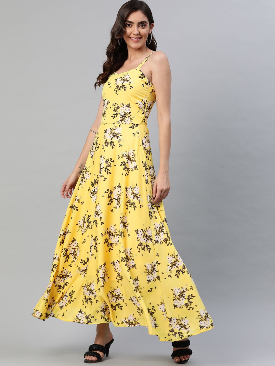

CORSICA Floral Print Shoulder Straps Georgette Fit & Flare Dress, Yellow