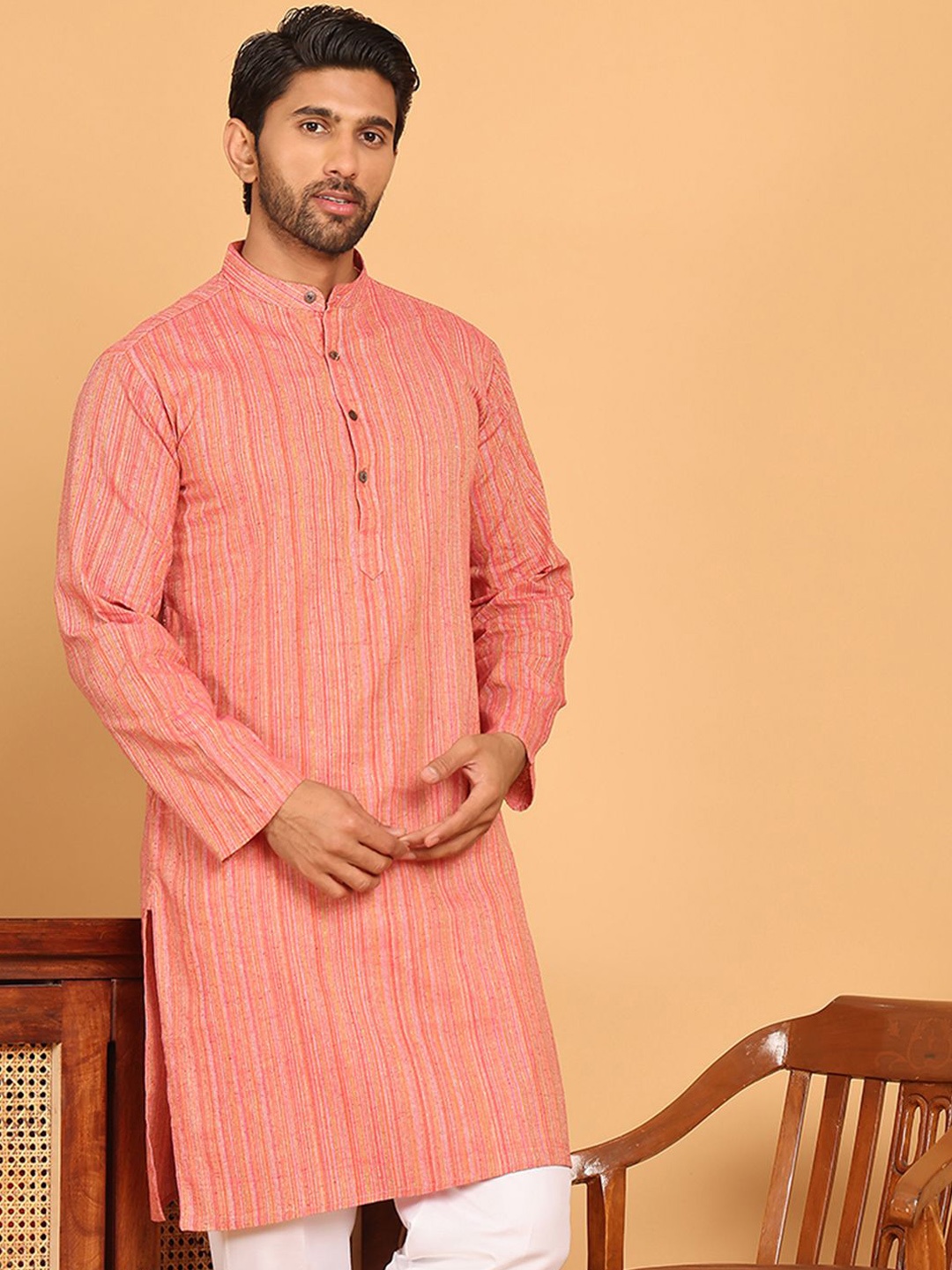 

Anouk Peach Striped Woven Design Band Collar Straignt Kurta