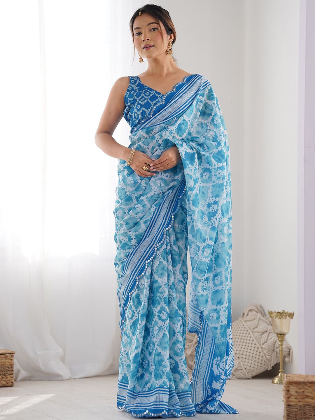 

LeeliPeeri Designer Floral Mirror Work Poly Chiffon Saree, Blue