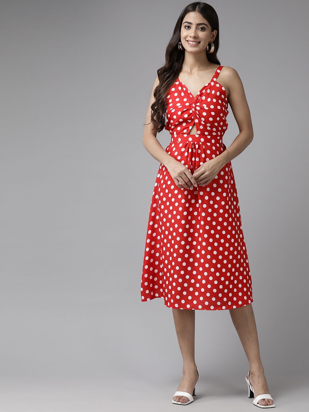 

CORSICA Women Polka Dot Printed Fit and Flare Midi Dress, Red