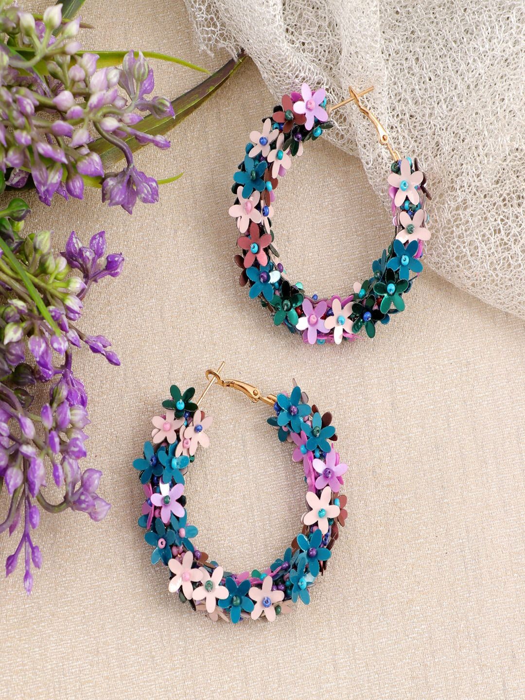 

DressBerry Gold-Plated Blue Artificial Beaded Floral Hoop Earrings