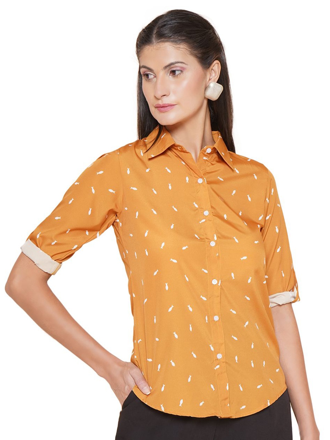 

JAKANARY Women Comfort Fit Spread Collar Conversational Printed Cotton Casual Shirt, Yellow