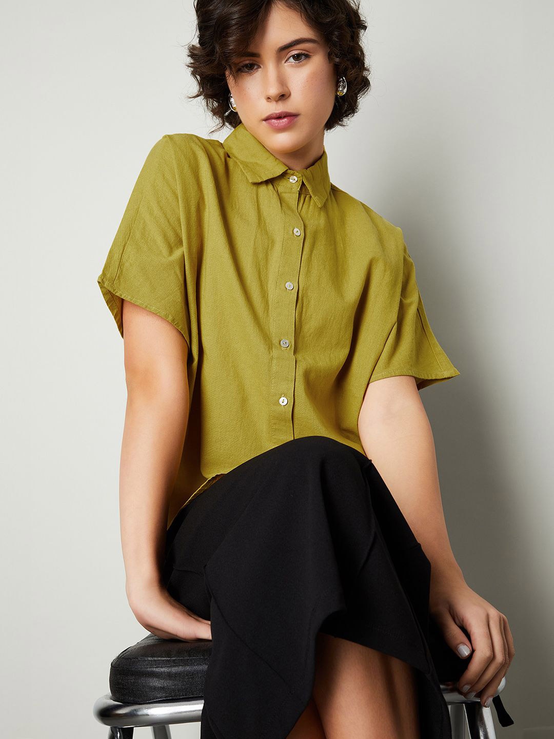 

max Women Spread Collar Solid Cotton Linen Casual Shirt, Green