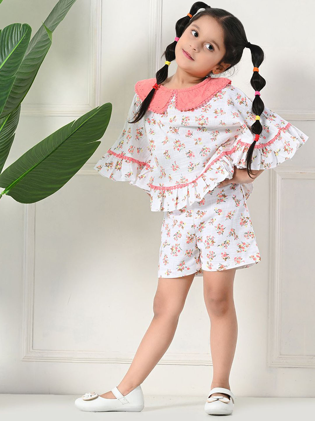 

Baesd Floral Printed Round Neck Pure Cotton Top & Shorts, White
