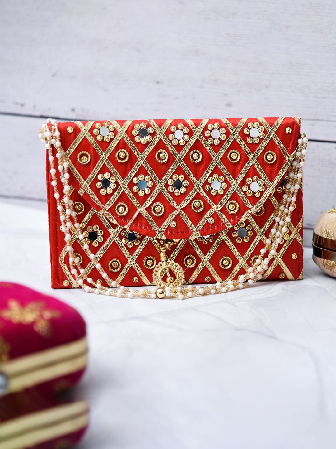 

Kuber Industries Embellished Silk Purse Clutch, Red